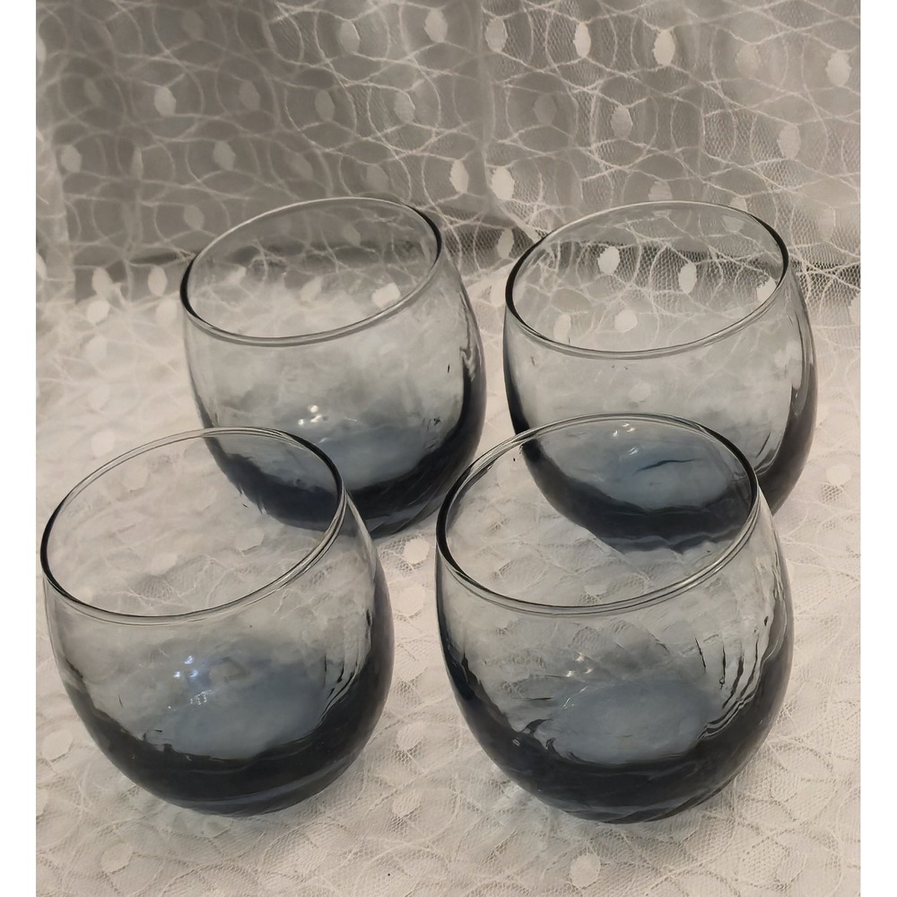 4 Vintage Libbey Gray Blue Roly Poly Optic Swirl Glasses 8oz Mid Century Glass